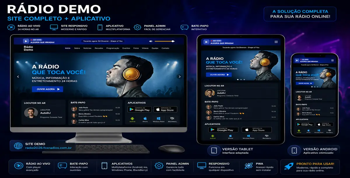 Site Web Rádio Responsivo Administrável - Script Php  Atualizado